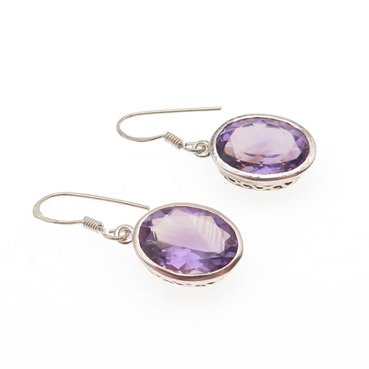925 Sterling Silver Vintage Real Oval-Cut Amethyst Dangle Earrings