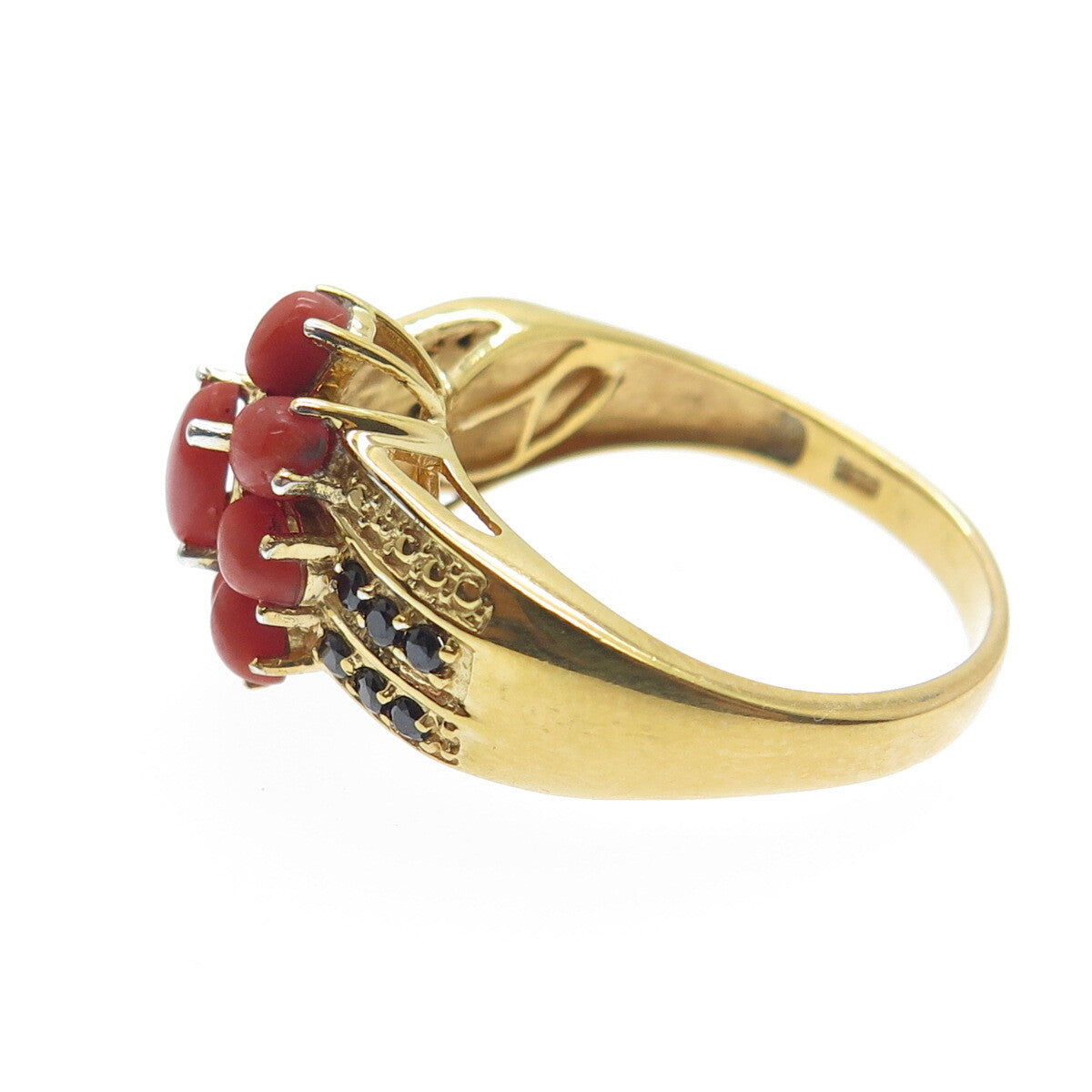 CHUCK CLEMENCY 925 Sterling Gold Plated Coral & Black Spinel Gem Ring Size 9.25