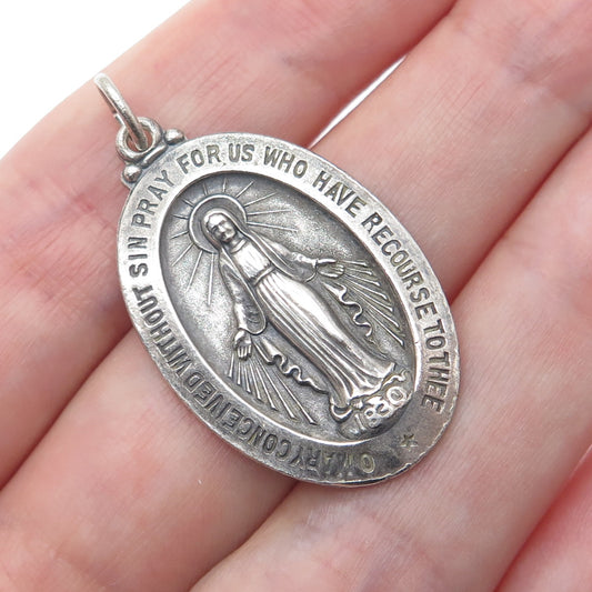LUMIN 925 Sterling Silver Antique Art Deco St Mary Religious Medal Charm Pendant
