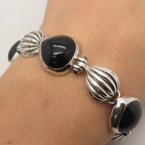 925 Sterling Silver Vintage Real Black Onyx Gemstone Bracelet 7.25"