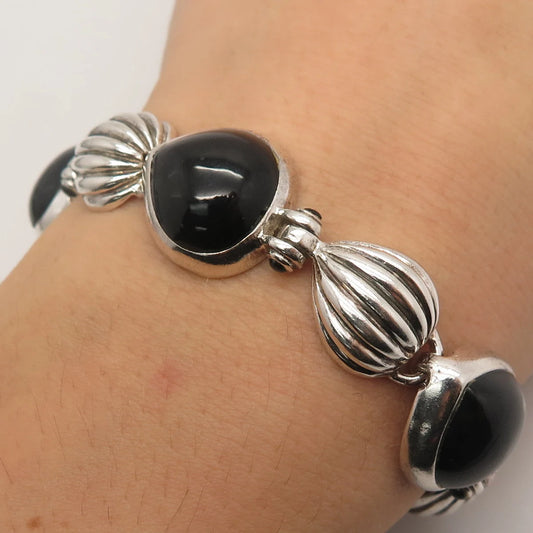 925 Sterling Silver Vintage Real Black Onyx Gemstone Bracelet 7.25"