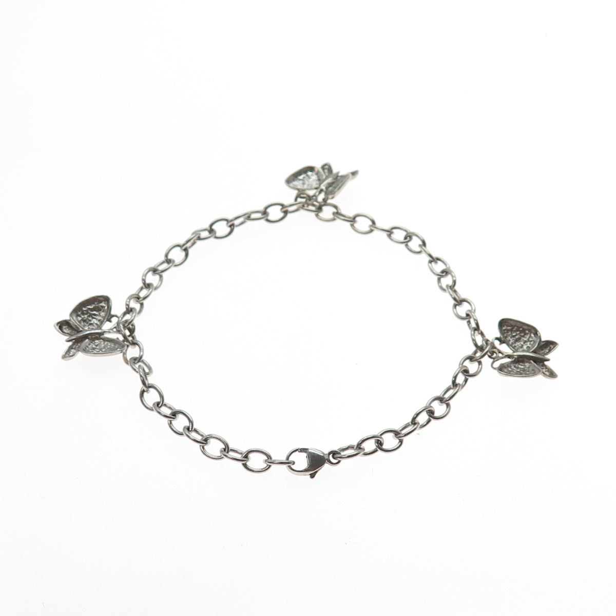 925 Sterling Silver Vintage Butterfly Charm Cable Link Bracelet 7"