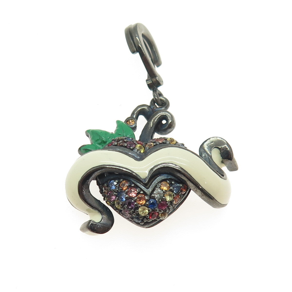 925 Sterling Silver Black Rhodium Enamel Real Multi-Color Sapphire Heart Pendant
