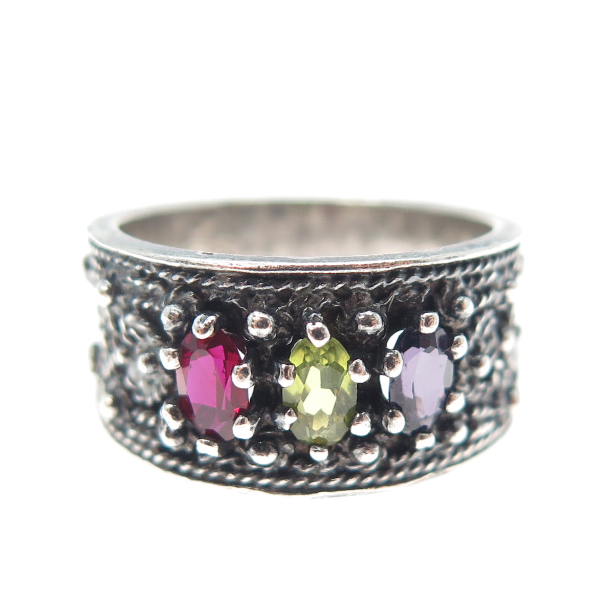925 Sterling Silver Vintage Real Garnet Peridot Amethyst Oxidized Ring Size 6.5