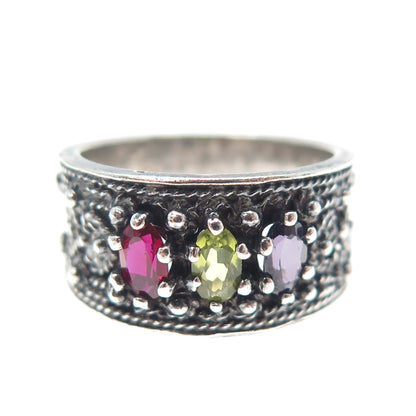 925 Sterling Silver Vintage Real Garnet Peridot Amethyst Oxidized Ring Size 6.5