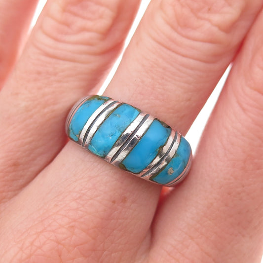 925 Sterling Silver Vintage Real Morenci Turquoise Oxidized Ring Size 8.75