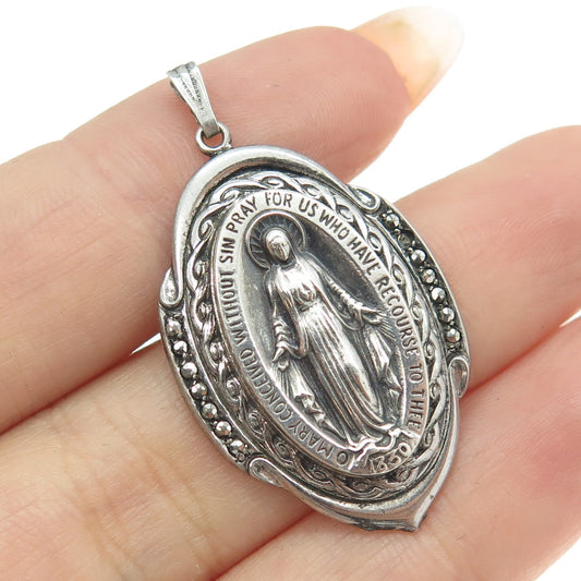 925 Sterling Silver Antique Art Deco Marcasite Gem St. Mary Religious Pendant