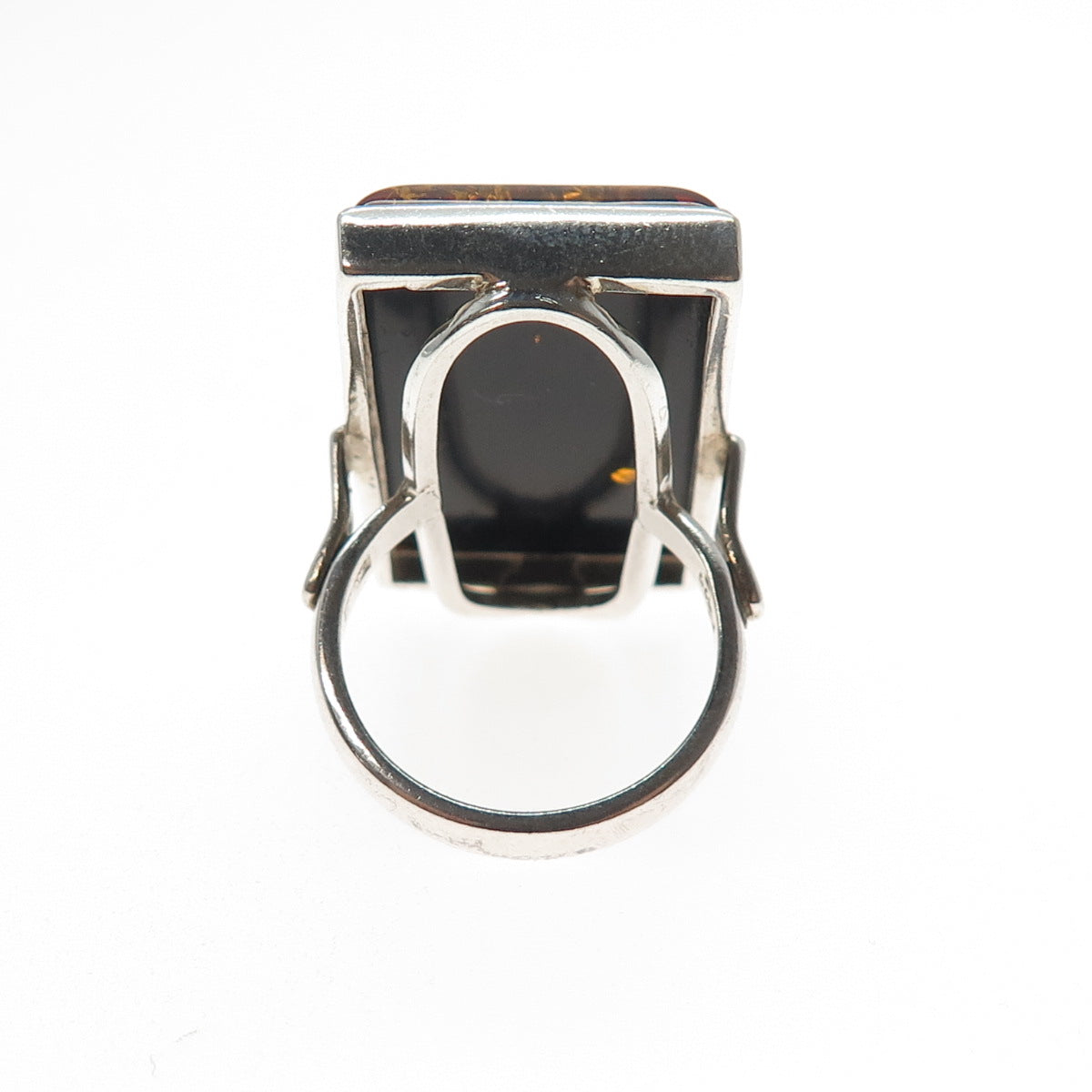 925 Sterling Silver Vintage Poland Real Amber Modernist Ring Size 6.75