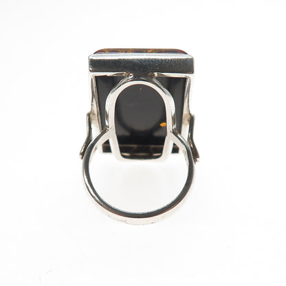 925 Sterling Silver Vintage Poland Real Amber Modernist Ring Size 6.75
