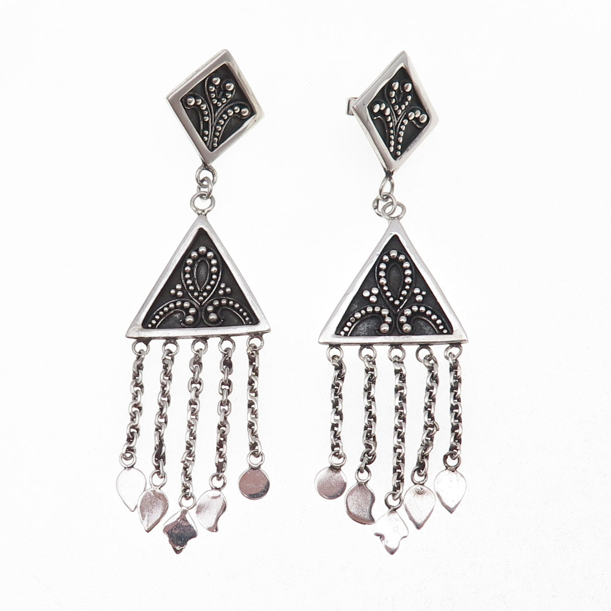 Suarti Bali Sterling Silver Vintage Granulated Scroll Oxidized Dangle Earrings