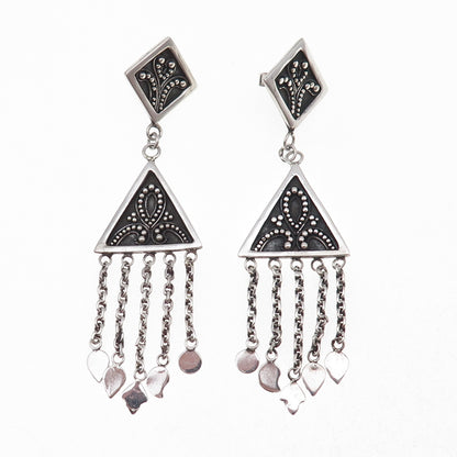 Suarti Bali Sterling Silver Vintage Granulated Scroll Oxidized Dangle Earrings