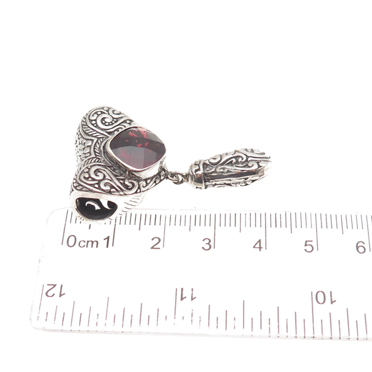 925 Sterling Silver Vintage Real Red Garnet Ornate Heart Slide Dangle Pendant