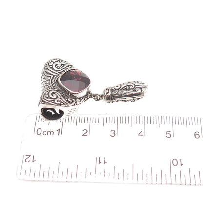 925 Sterling Silver Vintage Real Red Garnet Ornate Heart Slide Dangle Pendant