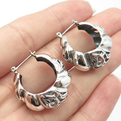 925 Sterling Silver Vintage Ribbed Hinged Hoop Earrings