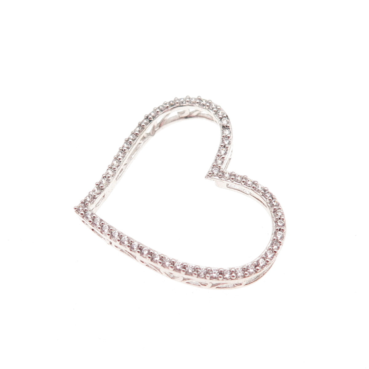 925 Sterling Silver Round-Cut C Z Open Heart Slide Charm Pendant