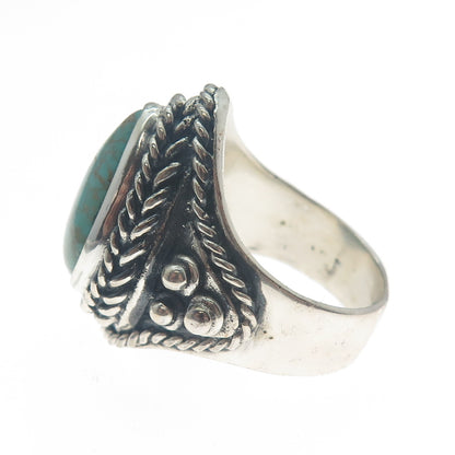 925 Sterling Silver Vintage Real Pear-Cut Turquoise Oxidized Ring Size 9.25