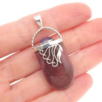 925 Sterling Silver Vintage Real Rhodonite & Amethyst Floral Charm Pendant