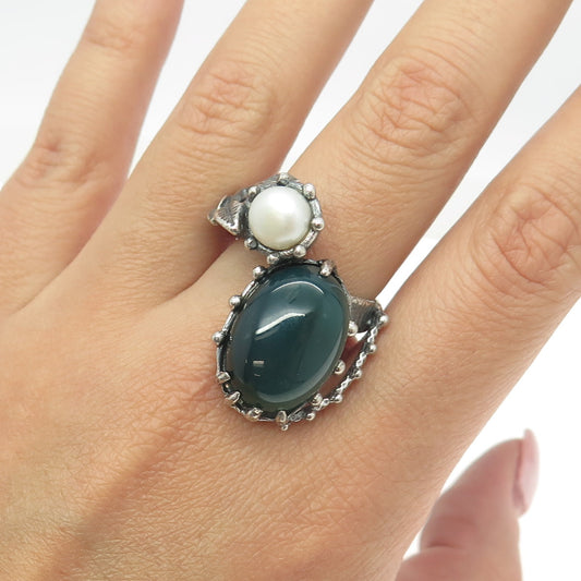 925 Sterling Silver Vintage Real Green Onyx & Pearl Modernist Ring Size 8.5