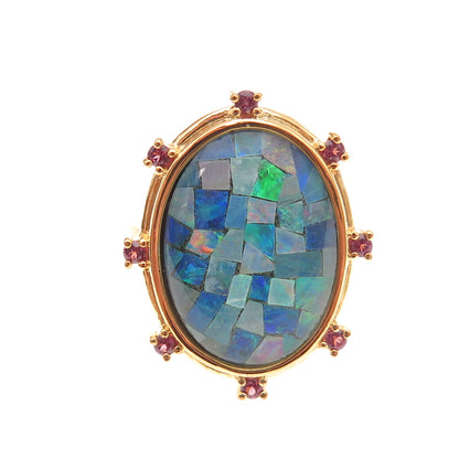 Dasan 925 Sterling Silver Gold Plated Real Opal & Amethyst Mosaic Ring Size 6
