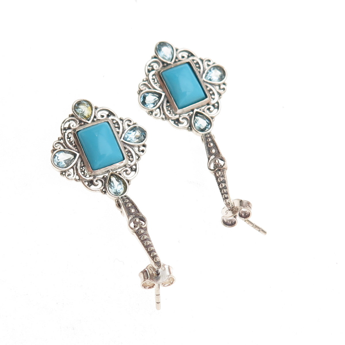925 Sterling Silver Vintage Real Turquoise & Blue Topaz Dangle Earrings