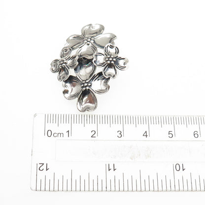 BEAU 925 Sterling Silver Vintage Dogwood Flower Oxidized Pin Brooch