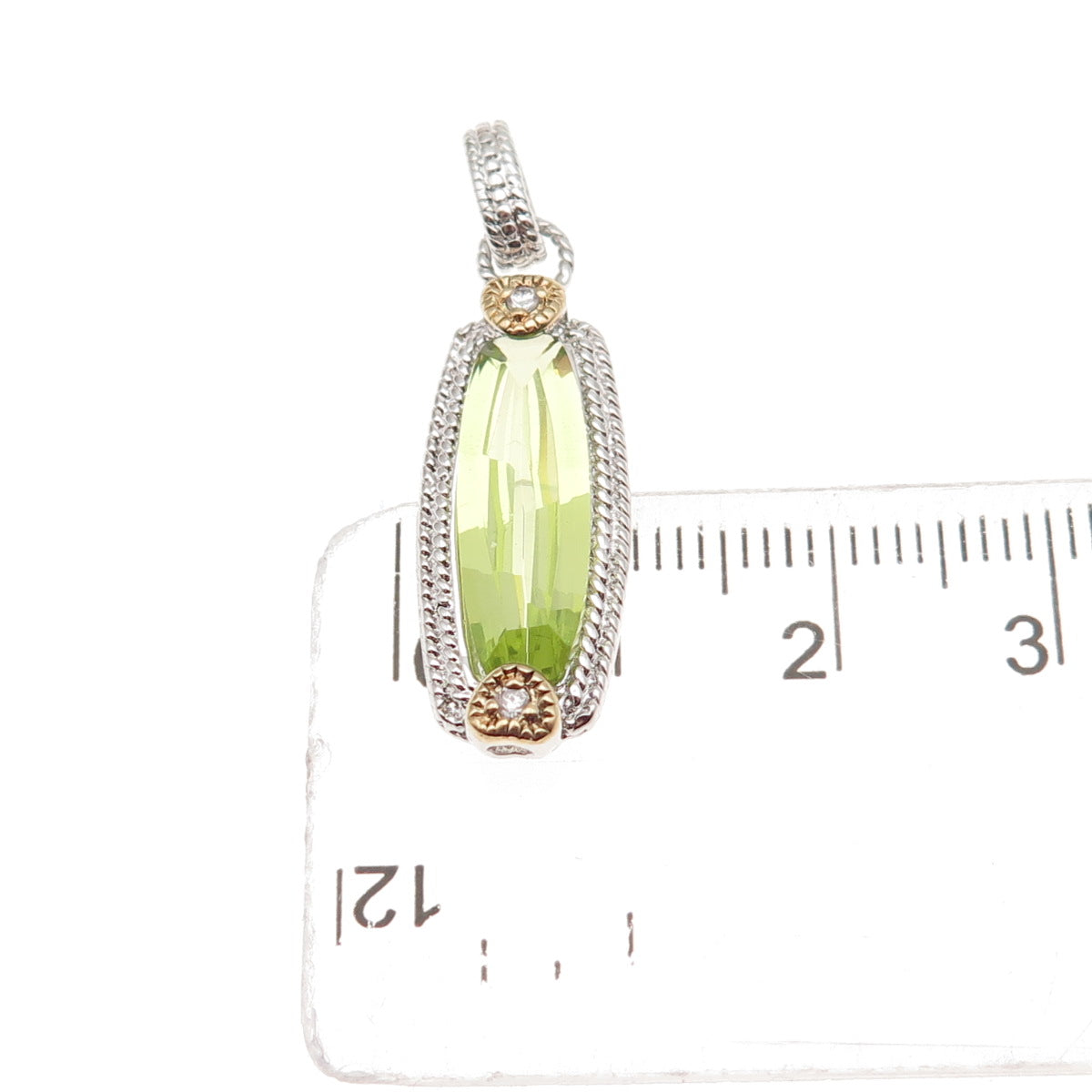 925 Sterling Silver 2-Tone Real Lime Quartz & C Z Heart Charm Pendant