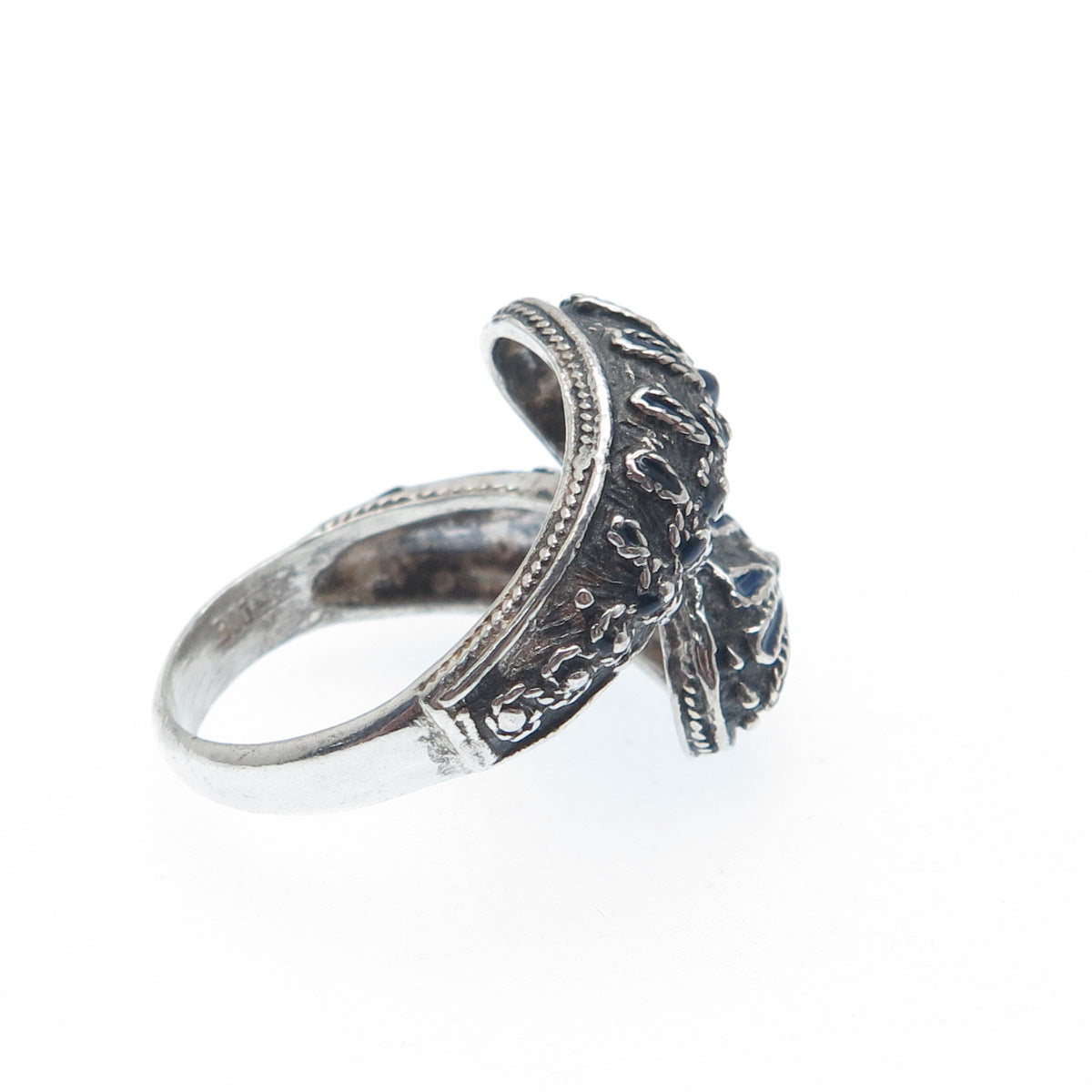 900 Silver Vintage Enamel Filigree Bypass Oxidized Ring Size 6.75