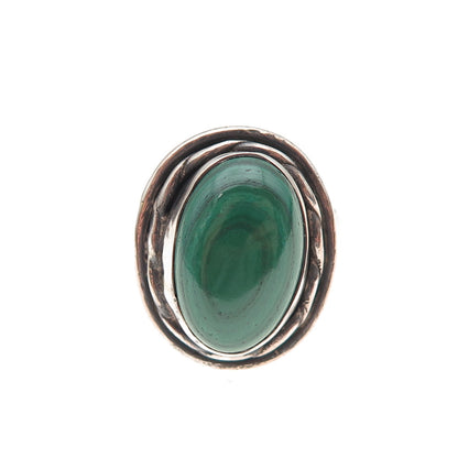 925 Sterling Silver Vintage Real Malachite Modernist Oxidized Ring Size 7.75