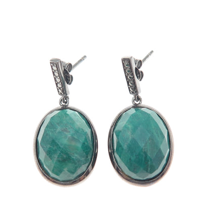 925 Sterling Silver Black Rhodium Real Oval-Cut Emerald Dangle Earrings