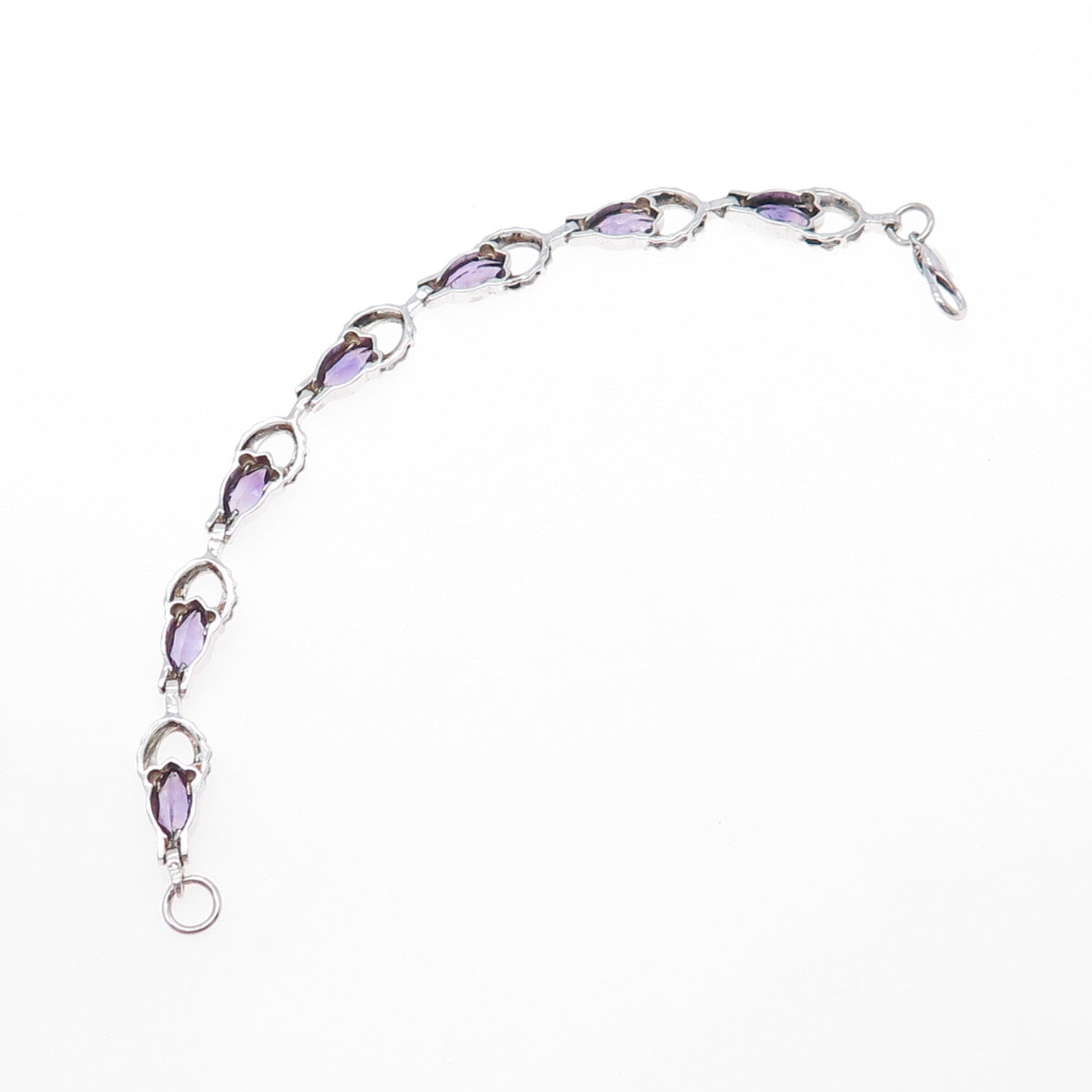 925 Sterling Silver Vintage Real Marquise-Cut Amethyst Modernist Bracelet 7"