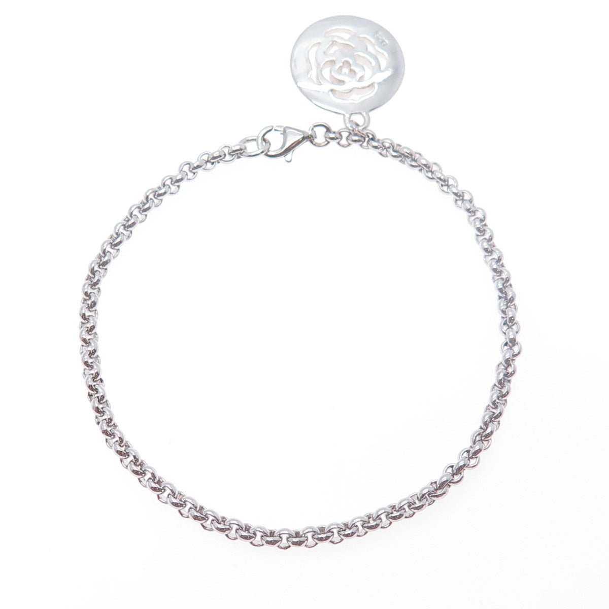 925 Sterling Silver Vintage Rose Flower Charm Rolo Link Bracelet 7.5"