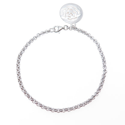 925 Sterling Silver Vintage Rose Flower Charm Rolo Link Bracelet 7.5"