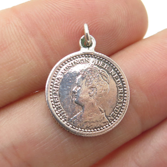 640 Silver Antique Netherlands 1918 Queen Wilhelmina 10 Cents Coin Pendant