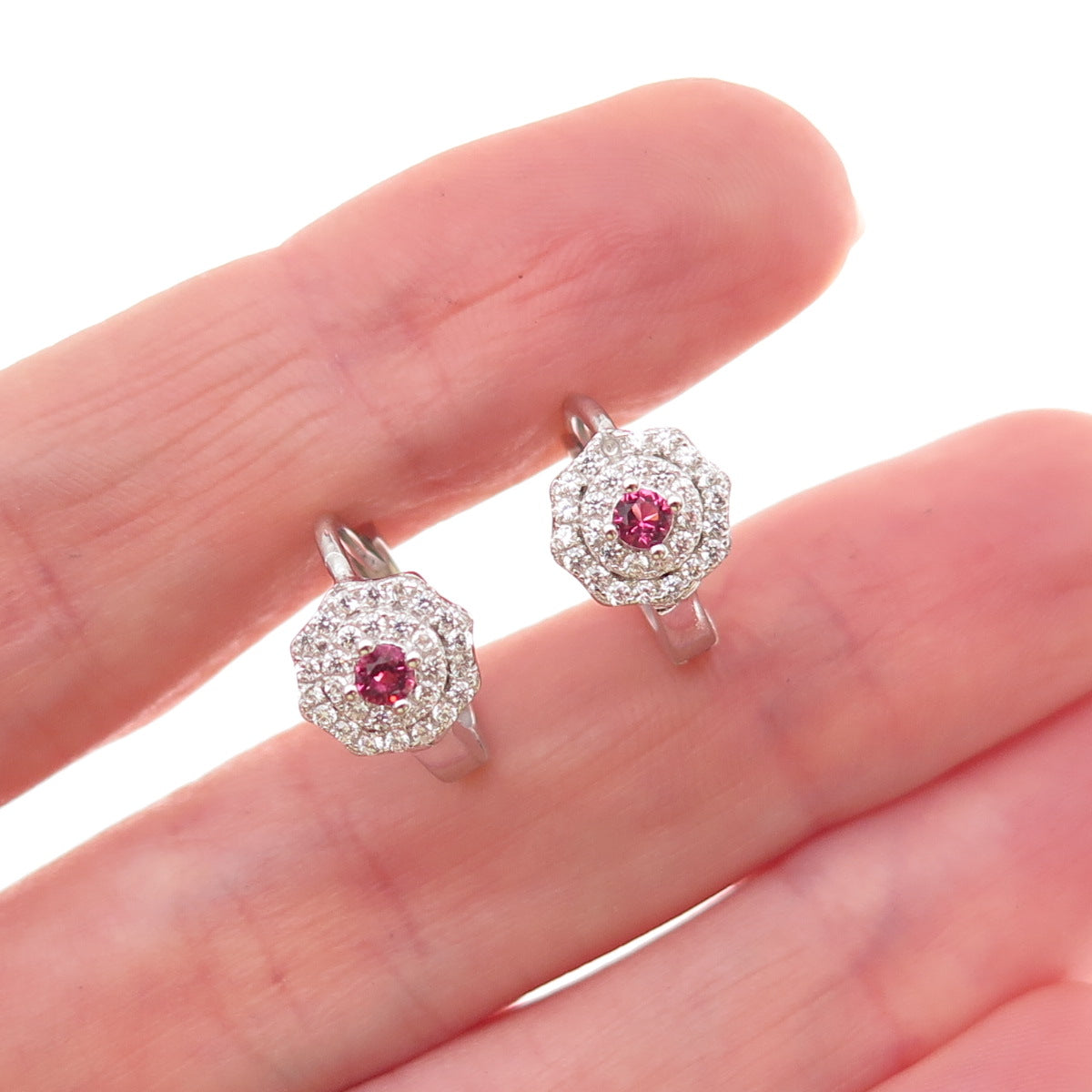 925 Sterling Silver Round-Cut Pink & White C Z Floral Hoop Earrings