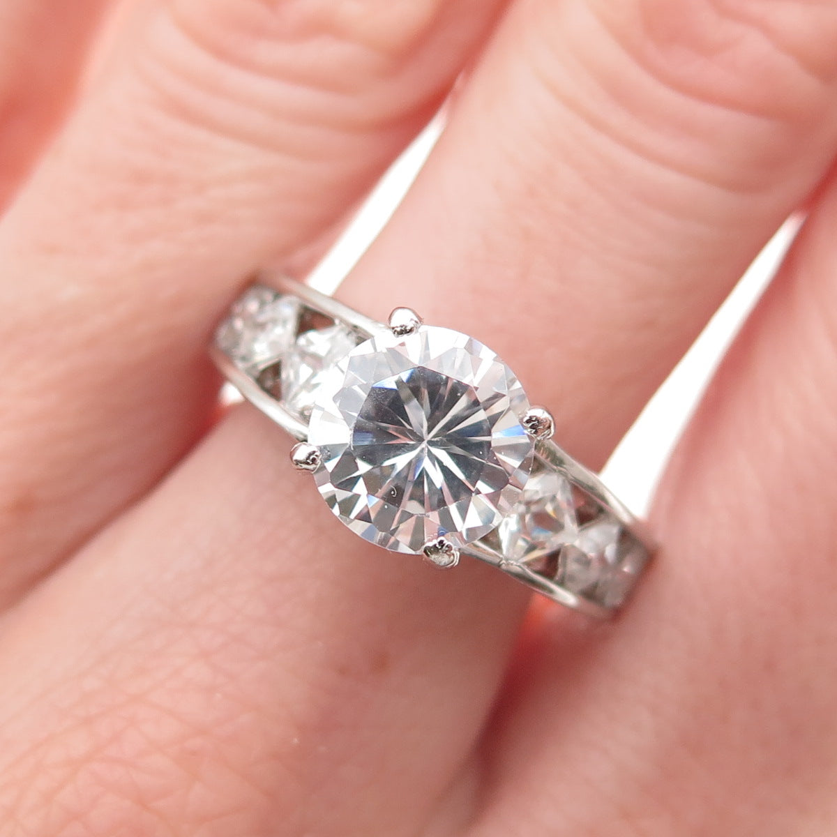 925 Sterling Silver Round & Princess-Cut C Z Engagement Ring Size 9