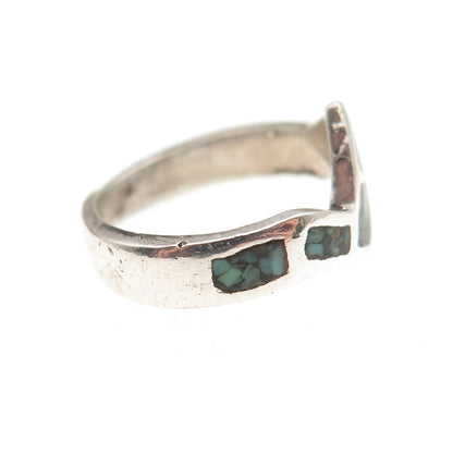 Old Pawn 925 Sterling Silver Vintage Turquoise Inlay Zig Zag Ring Size 3.75
