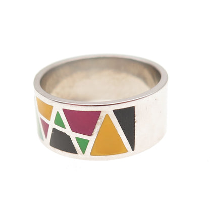 925 Sterling Silver Vintage Enamel Modernist Geometric Band Ring Size 8.25