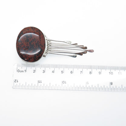 925 Sterling Vintage Mexico Real Mahogany Obsidian Modernist Pin Brooch Pendant