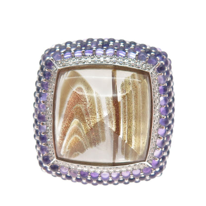 925 Sterling Silver Real Rutilated Quartz Amethyst & C Z Statement Ring Size 7