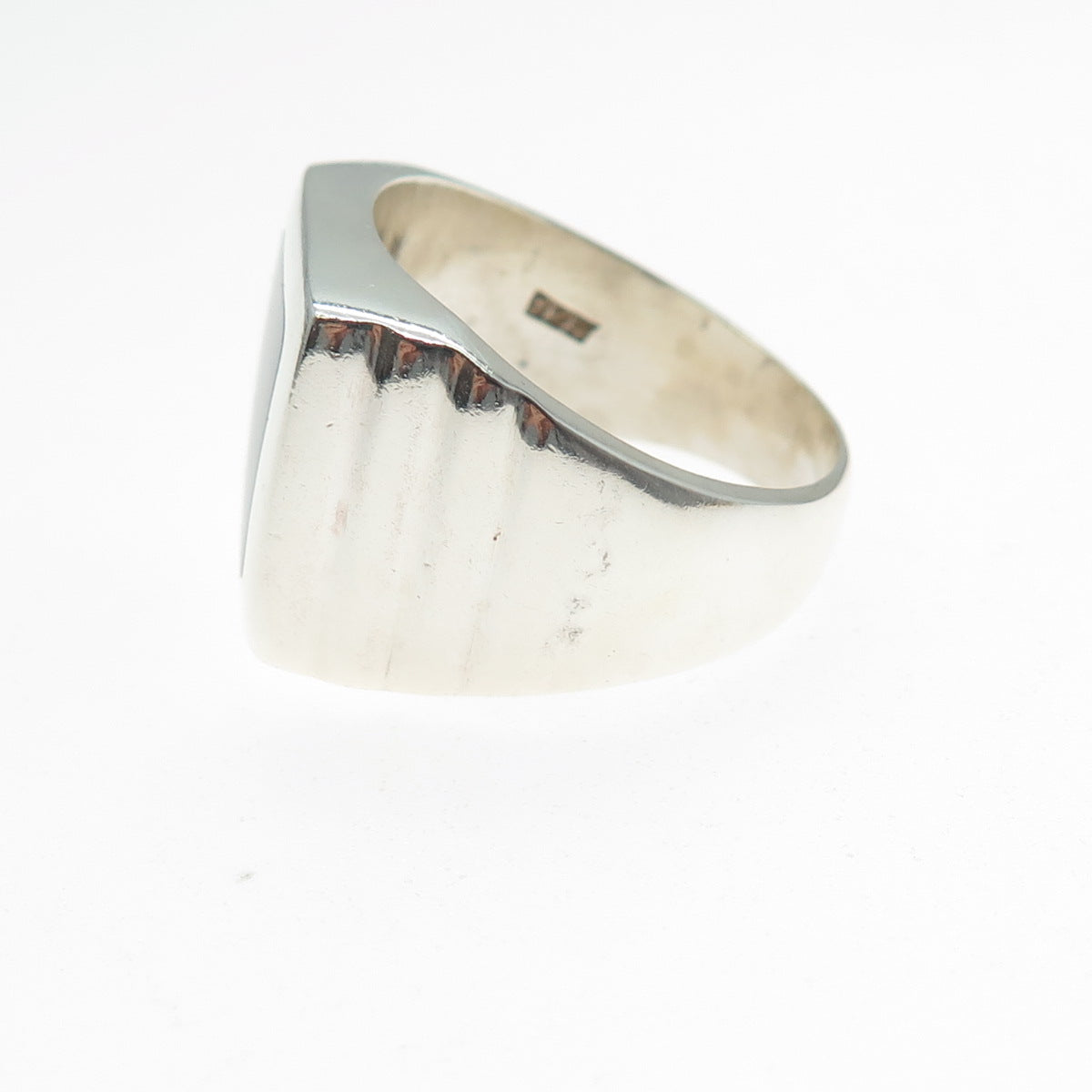 925 Sterling Silver Vintage Mexico Real Black Onyx Ribbed Signet Ring Size 13.25