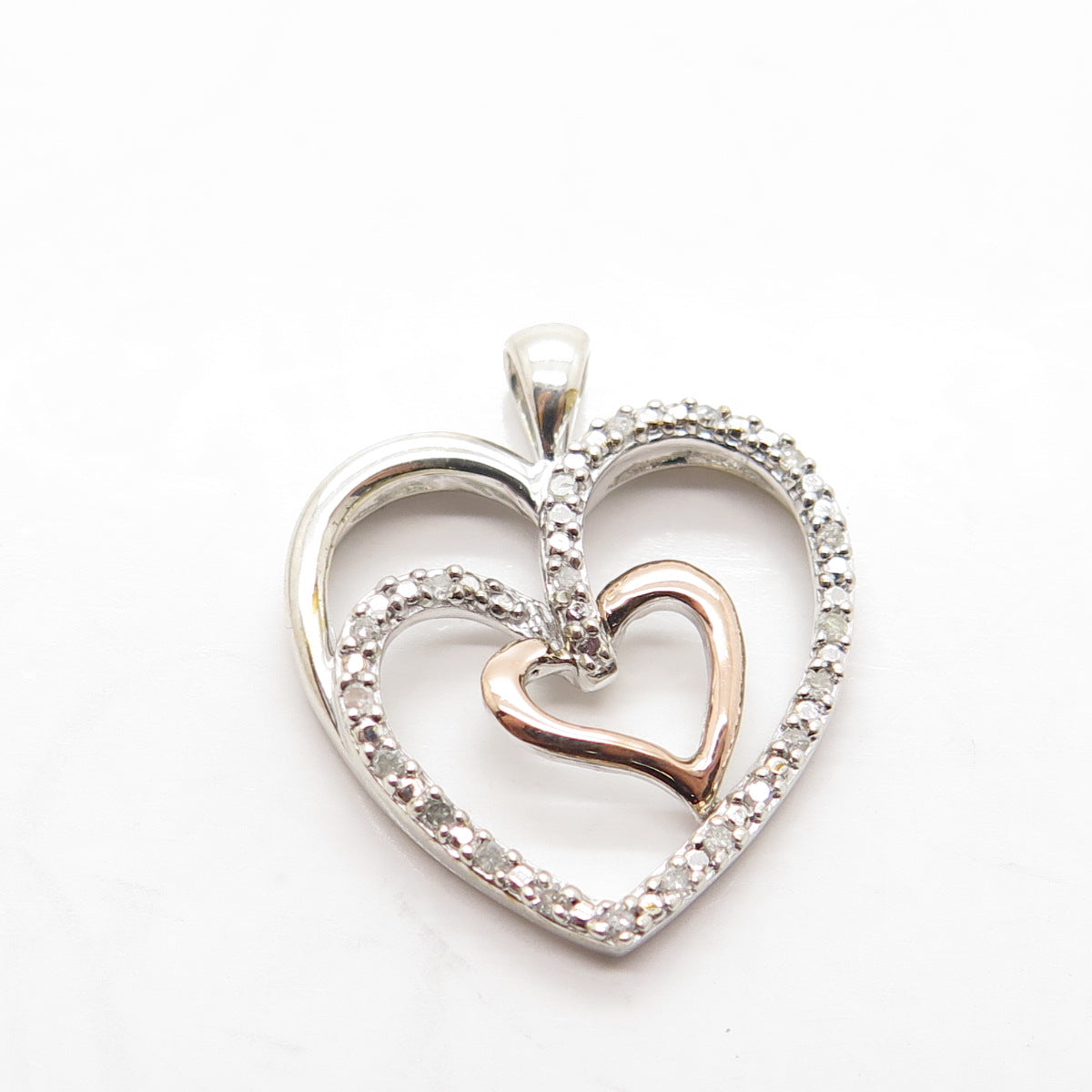 SUN 14K Rose Gold & 925 Sterling Silver Real Round-Cut Diamond Heart Pendant