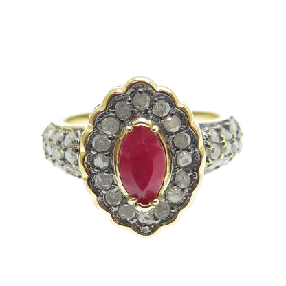 925 Sterling Silver Gold Plated Diamond & Marquis-Cut Ruby Gem Ring Size 6.25