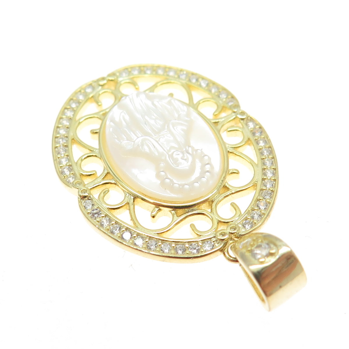 925 Sterling Silver Gold Plated Mother-of-Pearl & C Z Religious Theme Pendant