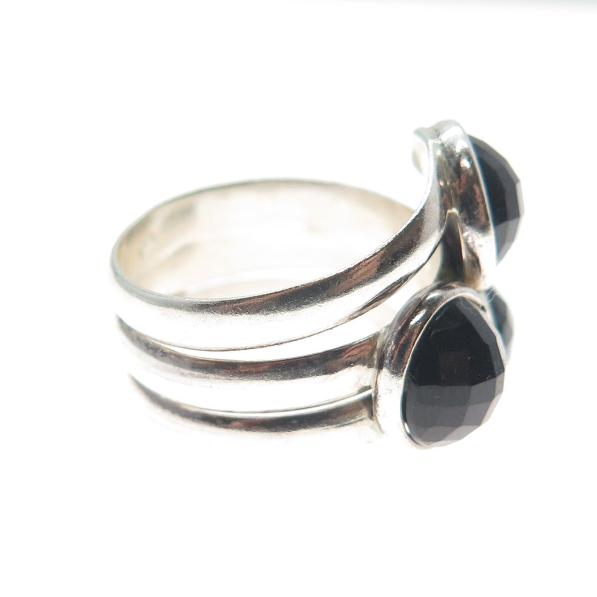925 Sterling Silver Vintage Real Checkered Black Spinel Gem 3-Row Ring Size 7