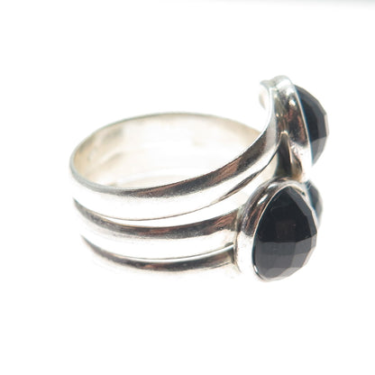 925 Sterling Silver Vintage Real Checkered Black Spinel Gem 3-Row Ring Size 7