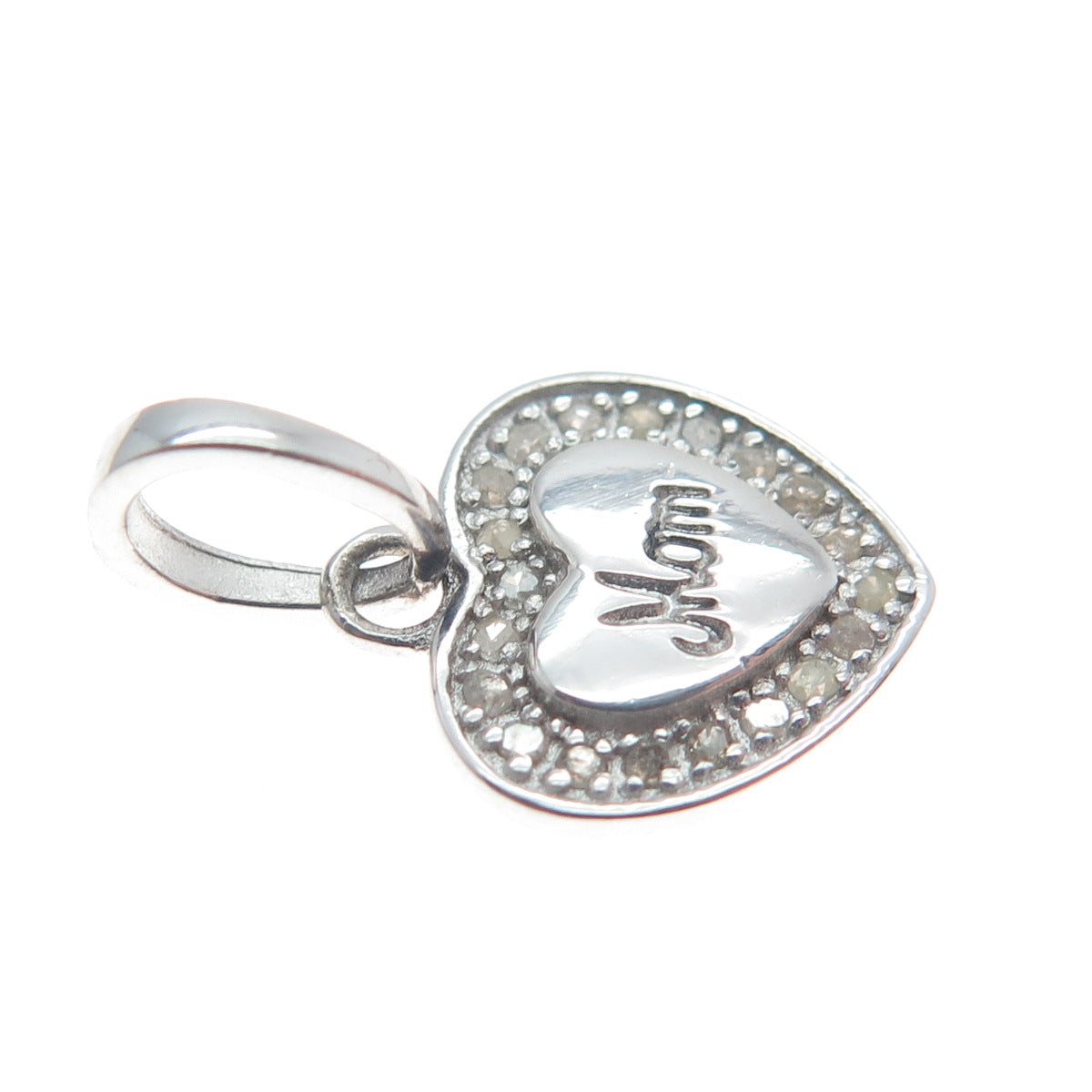 925 Sterling Silver Real Round-Cut Diamond Mom Heart Minimalist Pendant