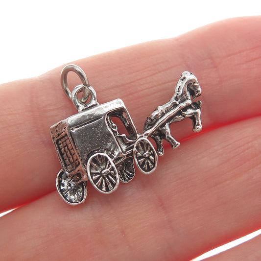 925 Sterling Silver Vintage Horse Carriage Oxidized Minimalist Charm Pendant