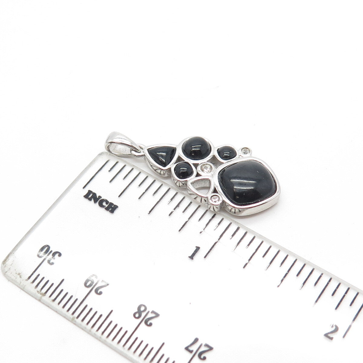 925 Sterling Silver Real Black Onyx & White Topaz Cluster Pendant