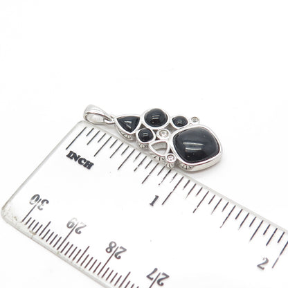 925 Sterling Silver Real Black Onyx & White Topaz Cluster Pendant