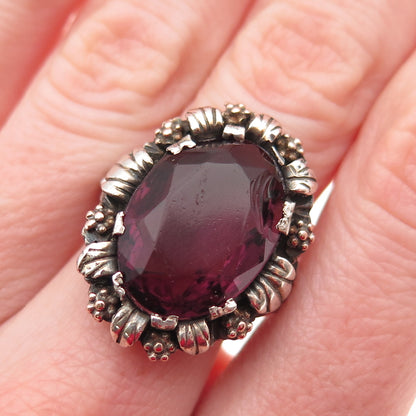 925 Sterling Silver Antique Victorian Purple Rhinestone Oxidized Ring Size 5